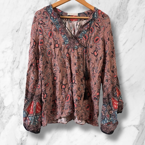 Boho Lavender Brown Top Bell Sleeves Small Floral Pattern Tie Scoop - Picture 2 of 7